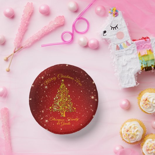Name Matching Set Christmas Red Gold Tree Stars Pappteller (Party)