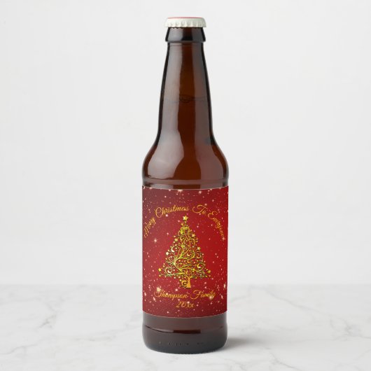 Name Matching Set Weihnachten Red Gold Tree Star h Bierflaschenetikett (Vorderseite)