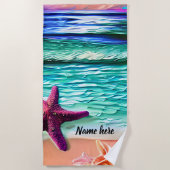Name, Meereswellen und Lila Sternenfisch auf Sand  Strandtuch (Vorderseite)