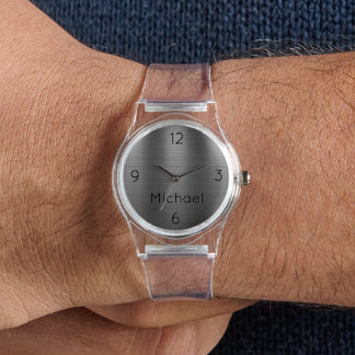 Name, Men's Metal Grid Effect Clear Silicone Watch Armbanduhr