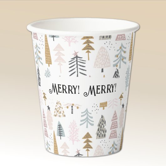 Name, Merry Merry Cute Illustrated Winter Trees Pappbecher