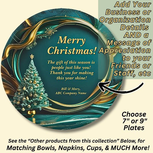 Name Message Company Green Gold Christmas Tree 7" Pappteller