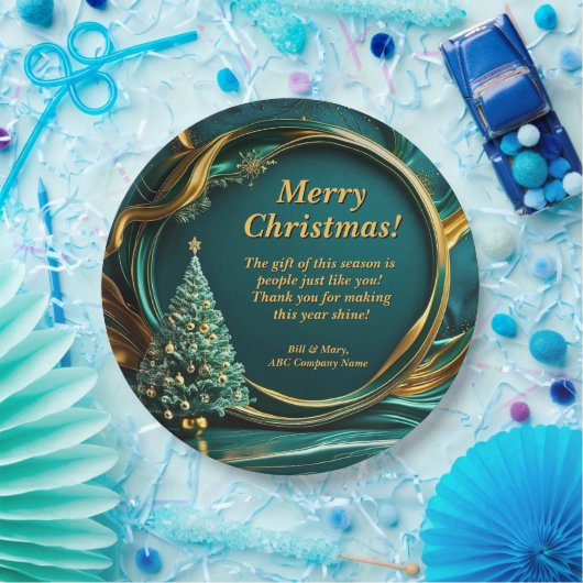 Name Message Company Green Gold Christmas Tree 9" Pappteller (Party)