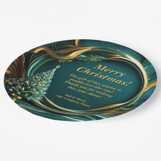 Name Message Company Green Gold Christmas Tree 9" Pappteller (Schrägansicht)