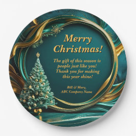 Name Message Company Green Gold Christmas Tree 9" Pappteller