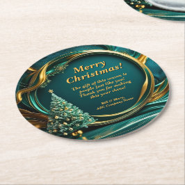 Name Message Company Green Gold Weihnachtsbaum Runder Pappuntersetzer