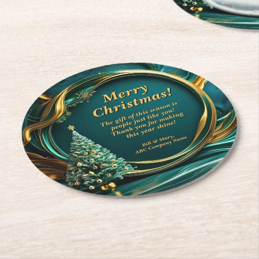 Name Message Company Green Gold Weihnachtsbaum Runder Pappuntersetzer (Angewinkelt)