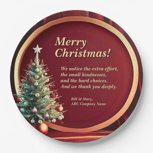 Name Message Company Red Gold + Christmas Tree 9" Pappteller (Vorderseite)