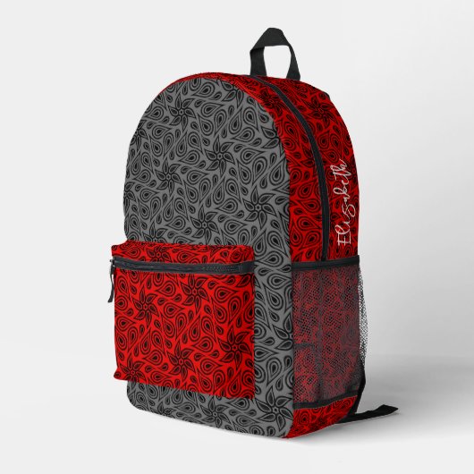 Name Modernes Graues und rotes Blumenmuster Muster Bedruckter Rucksack (Rückseitige Ecke Rechts)
