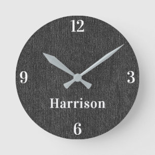 Name Modernes Home-Office Schwarz Denim Druck 8 Runde Wanduhr