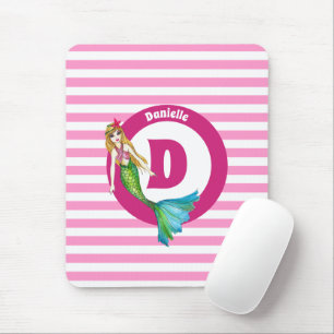 Name Monogram Beautiful Mermaid Pink Stripes Mousepad