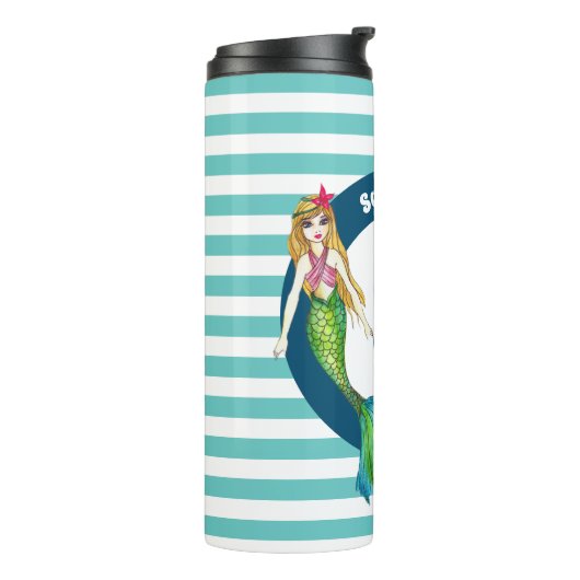 Name Monogram Beautiful Mermaid Turquoise Streifen Thermosbecher (Nach links gedreht)