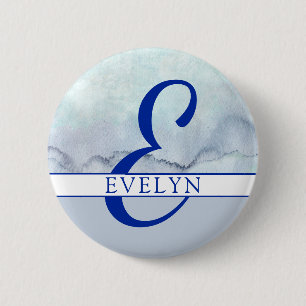 Name Monogram Blue Watercolor Button