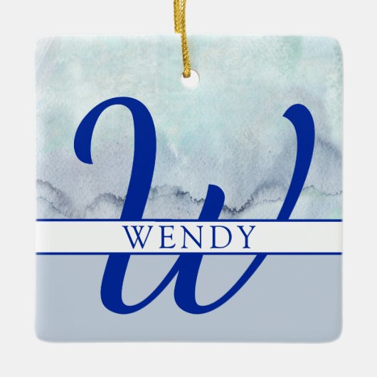 Name | Monogram Blue Watercolor Keramikornament (Vorderseite)