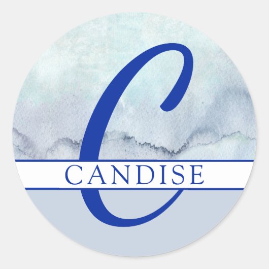 Name | Monogram Blue Watercolor Runder Aufkleber (Vorderseite)