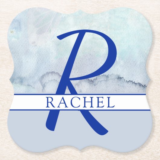 Name | Monogram Blue Watercolor Untersetzer (Vorderseite)
