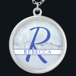 Name | Monogram Blue Watercolor Versilberte Kette<br><div class="desc">Ein hübscher Name und eine Monogramm-Kombination mit blauem Aquarellhintergrund.</div>