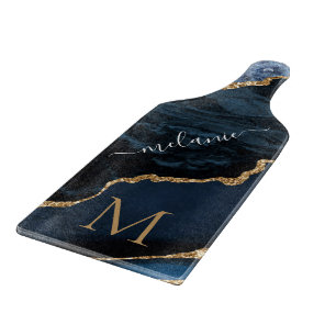 Name Monogram Cutting Board Agate Blue Gold Marmor Schneidebrett