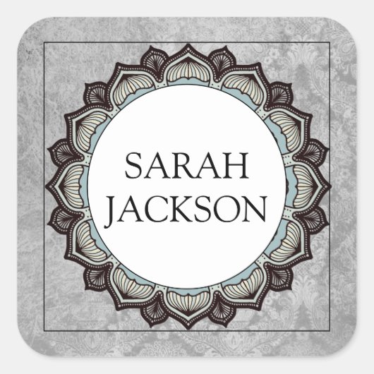 Name Monogram Decorative Stylized Floral Edge Grau Quadratischer Aufkleber (Vorderseite)