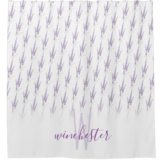 Name Monogram Farmhouse Lavender Blume Muster Duschvorhang (Vorderseite)