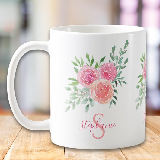 Name Monogram Floral Pink Kaffeetasse