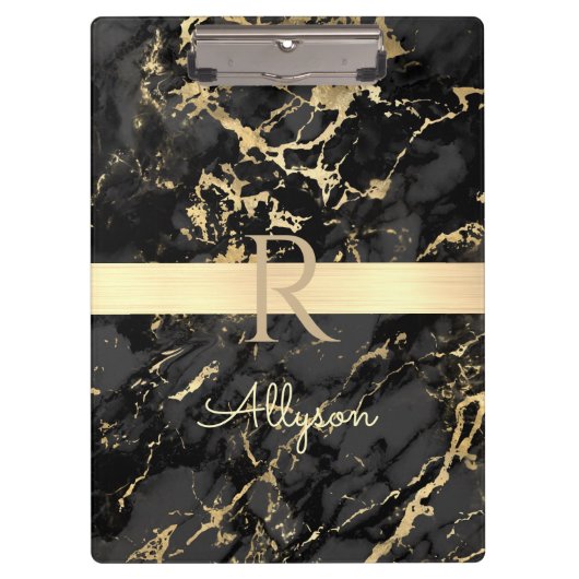 Name & Monogram, Gold Bar, Black & Gold Marmor Klemmbrett (Vorderseite)