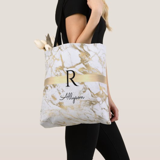 Name & Monogram, Gold Bar, White & Gold Marmor Tasche (Von Nahem)