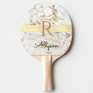 Name & Monogram, Gold Bar, White & Gold Marmor Tischtennis Schläger