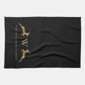 Name Monogram Gold Deer Black Geschirrtuch (Horizontal)