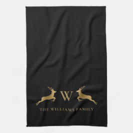 Name Monogram Gold Deer Black Geschirrtuch