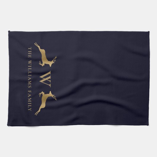 Name Monogram Gold Deer Midnight Navy Geschirrtuch (Horizontal)