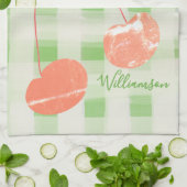 Name Monogram Karo Gingham Pastel Green Cherry Geschirrtuch (Gefaltet)