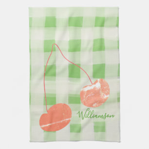 Name Monogram Karo Gingham Pastel Green Cherry Geschirrtuch