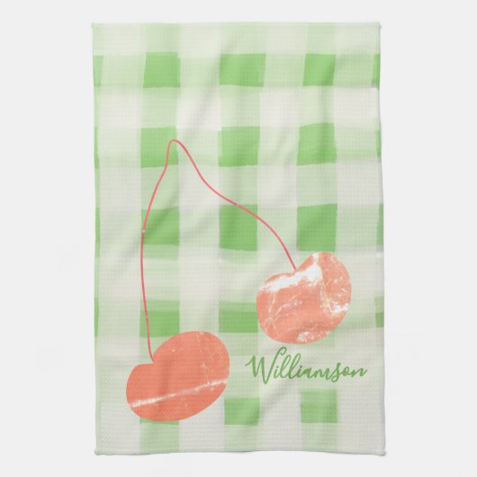 Name Monogram Karo Gingham Pastel Green Cherry Geschirrtuch (Vertikal)