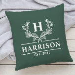 Name Monogram Laurel Establishment Hunter Kissen<br><div class="desc">Fügen Sie Ihrer Wohngestaltung eine Touch Eleganz mit unserem personalisierten Monogramm-Stammkissen mit einem schönen Lorbeerdesign hinzu. Das Kissen ist individuell auf Ihren Familiennamen und einen personalisierten Jahre alten Text abgestimmt und ist somit eine perfekte Ergänzung zu Ihrem Wohnzimmer oder Schlafzimmer. Dieses Kissen aus hochwertigen Materialien ist stilvoll und komfortabel.</div>