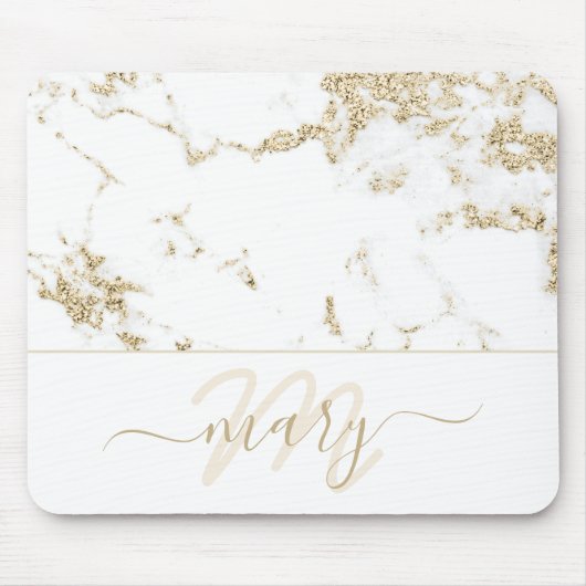 Name Monogram Marble Gold Elegant Weiß Abstrakt Mousepad (Vorne)