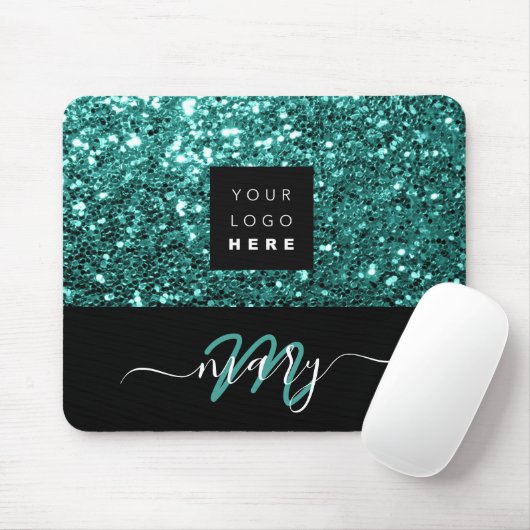 Name Monogram Minimal Aquamarin Glitzer Logo Mousepad (Mit Mouse)