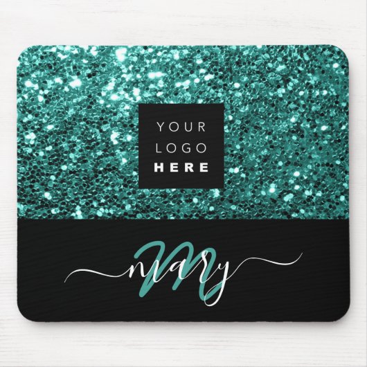 Name Monogram Minimal Aquamarin Glitzer Logo Mousepad (Vorne)