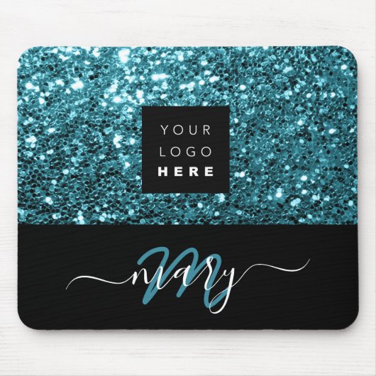 Name Monogram Minimal Blue Glitzer Logo Mousepad (Vorne)