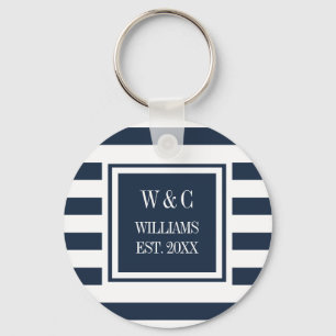 Name Monogram Navy Blue White Strip Schlüsselanhänger