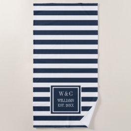 Name Monogram Navy Blue White Strip  Strandtuch