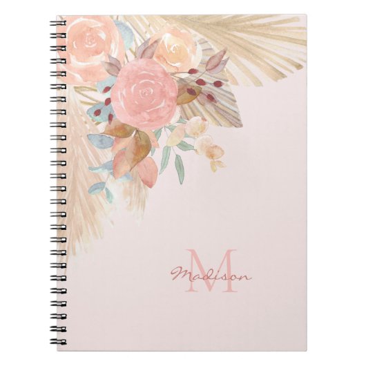 Name Monogram Pampas Grass Rose Gold Florals Notizblock (Vorderseite)