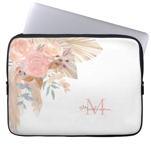Name Monogram Pink Floral Laptopschutzhülle (Vorderseite)