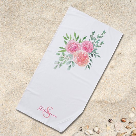 Name Monogram Pink Floral Strandtuch