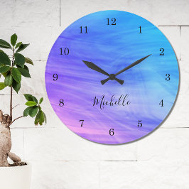 Name Monogram Pink Lila Blue Large Clock Große Wanduhr