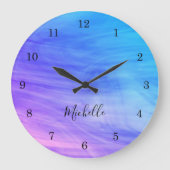 Name Monogram Pink Lila Blue Large Clock Große Wanduhr (Vorderseite)