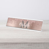 Name Monogram Pink Rose Gold Glitzer Drilling Schreibtischnamensplakette (Vorderseite )