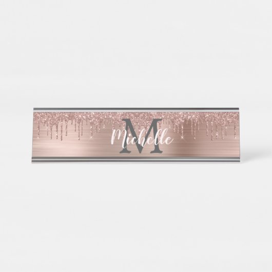 Name Monogram Pink Rose Gold Glitzer Drilling Schreibtischnamensplakette (Vorderseite )