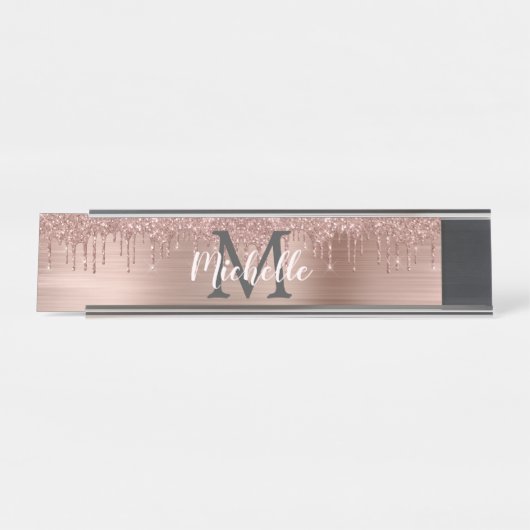 Name Monogram Pink Rose Gold Glitzer Drilling Schreibtischnamensplakette (Vorderseite )