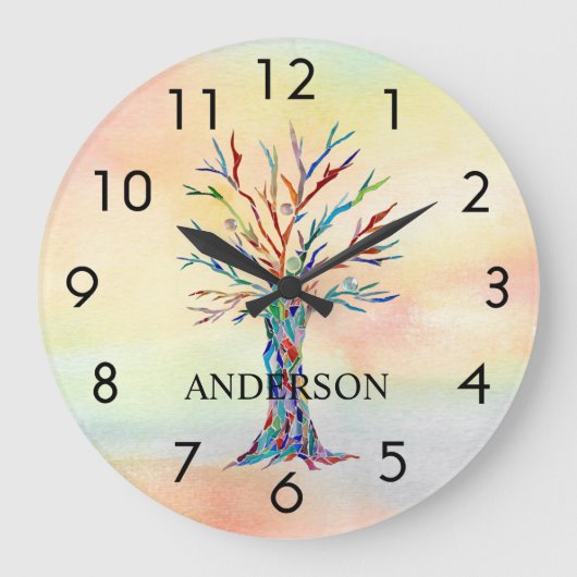 Name Monogram Rainbow Tree Große Wanduhr (Vorderseite)